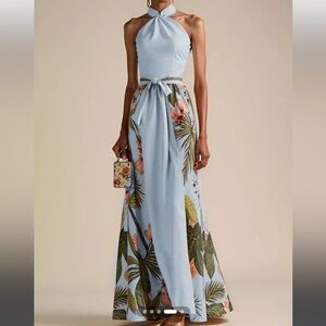 High Neck Blue Floral A-line Maxi Dress with Belt